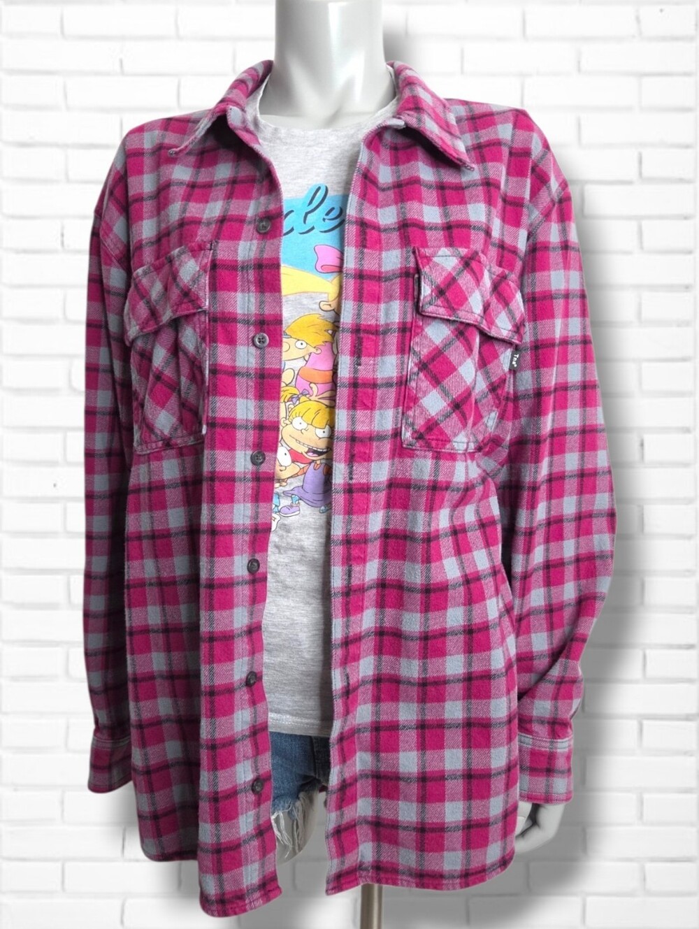 Aritzia TNA Size 3 Pink Plaid Oversized Organic Cotton Flannel Shacket Jacket